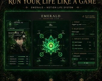 Op de afbeelding: Een digitaal Notion-levenssysteemdashboard genaamd Emerald, met een donkergroene interface met een centrale gloeiende lotusafbeelding, karakterstatistieken, een dagelijkse takenlijst en de tekst Run Your Life Like A Game bovenaan.