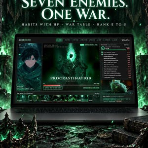 Può includere: Un portatile che mostra un modello Notion a tema scuro intitolato Ashbound, con un ritratto di personaggio, un elenco di attività e un grafico centrale etichettato come Procrastination. Il testo sullo schermo recita Seven Enemies. One War.