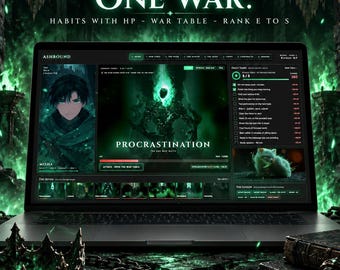 Op de afbeelding: Een laptop met een Notion-sjabloon in een donker thema genaamd Ashbound, met een karakterportret, een takenlijst en een centrale afbeelding met het label Procrastination. De tekst op het scherm luidt Seven Enemies. One War.