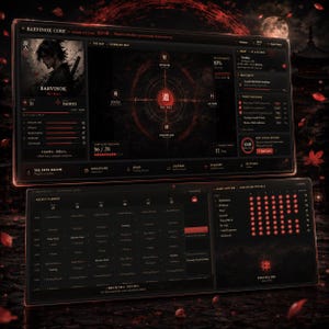 May include: A digital dashboard interface titled Barvinok Core featuring a dark theme with red accents. The screen displays a character profile, a central circular command map, daily mission lists, a weekly schedule, and habit tracking grids.