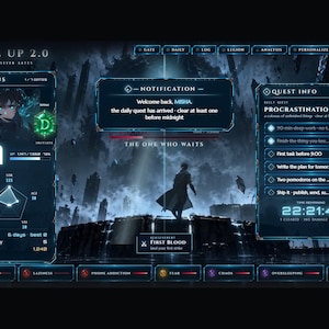 Op de afbeelding: Een digitale interface getiteld LEVEL UP 2.0 met een donkerblauw thema, inclusief een statuspaneel voor Misha, een notificatievenster en een quest-infogedeelte met takenlijsten en een aftellende timer.