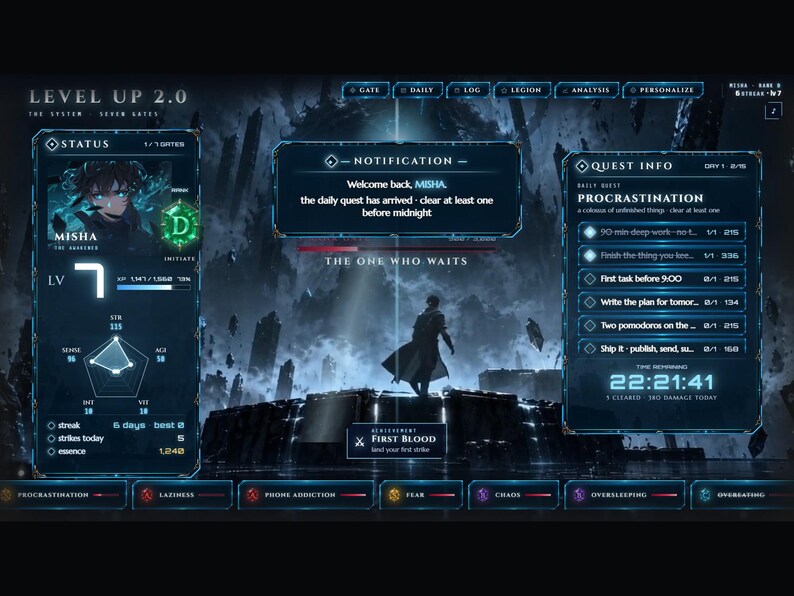 Op de afbeelding: Een digitale interface getiteld LEVEL UP 2.0 met een donkerblauw thema, inclusief een statuspaneel voor Misha, een notificatievenster en een quest-infogedeelte met takenlijsten en een aftellende timer.