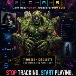 Könnte beinhalten: Eine digitale Benutzeroberfläche mit dem Titel YOUR LIFE IS NOW AN RPG, dem Text E-C-A-S und HABITS BECOME BOSSES. DISCIPLINE BECOMES RANK. Ein zentrales grünes Zyklopenmonster ist von Charakterstatistiken und Aufgabenlisten umgeben.