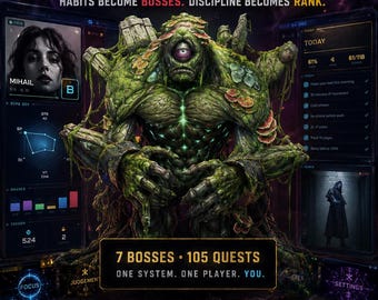 Op de afbeelding: Een digitale interface met de titel YOUR LIFE IS NOW AN RPG, de tekst E-C-A-S en HABITS BECOME BOSSES. DISCIPLINE BECOMES RANK. Een centraal groen cycloopmonster wordt geflankeerd door karakterstatistieken en takenlijsten.