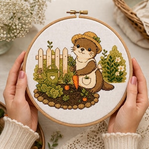 Korsstygnsmönster med utter – Cottagecore Garden Vegetable Patch-broderi (digital nedladdning)