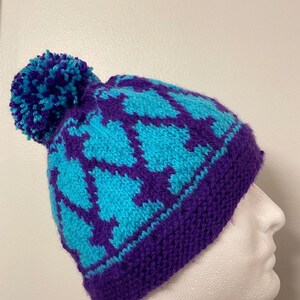 May include: A knitted beanie hat in shades of blue and purple. The hat features a repeating pattern of turquoise shapes against a purple background. A matching blue and purple pom-pom sits atop the hat. The brim is a solid purple color.