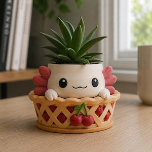 Könnte beinhalten: Ein weißer, axolotlförmiger Übertopf mit rosa Kiemen und einem lächelnden Gesicht, der in einer beigen, gitterartigen Tortenboden-Basis mit kleinen roten Kirschen sitzt. Eine grüne Sukkulente wächst aus der Oberseite des axolotlförmigen Gefäßes.
