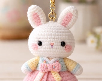 Hanbok Ribbon Bunny Crochet Charm | Korean Style Amigurumi Rabbit Keychain | Unique Purse Accessory