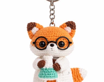 Clever Fox Scientist Amigurumi Charm | Beaker Flask Science Keychain Gift for Chemist