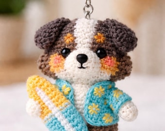 Aussie Surf Dog Amigurumi Keychain | Handmade Beach Puppy Charm, Ocean Lover Pet Accessory Gift