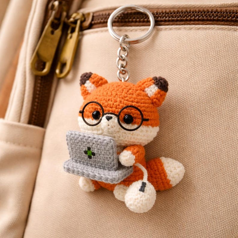 Coding Fox Computer Mouse Keychain - Adorable Amigurumi Tech Accessory | Software Engineer Gift image 3