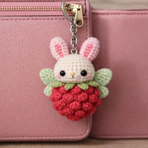 Crochet Raspberry Bunny Wings Keychain | Whimsical Fairy Bag Charm