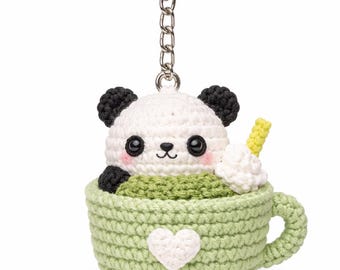 Crocheted Panda Matcha Cup Keychain | Japanese Amigurumi Charm
