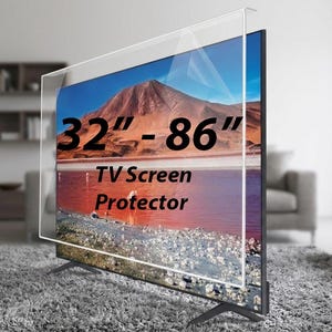 May include: A clear TV screen protector is shown on a large flat-screen TV. The text on the screen protector reads "32" - 86" TV Screen Protector". The TV is on a stand, and the background includes a rug and furniture.