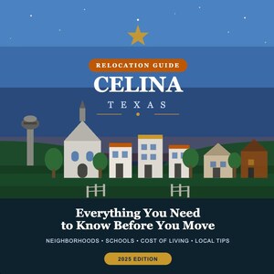 May include: A square graphic for a relocation guide. The title reads "CELINA TEXAS" with the text "Everything You Need to Know Before You Move." The image features a stylized townscape under a starry night sky, with a gold star and the text "2025 Edition."