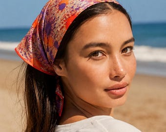 Handmade Marbled Chiffon Bandana,Orange Hair Wrap,Unique Gift,Bag Scarf Ebru Bandana 48x48 cm,Marbled Hair Scarf, Square Neck Scarf