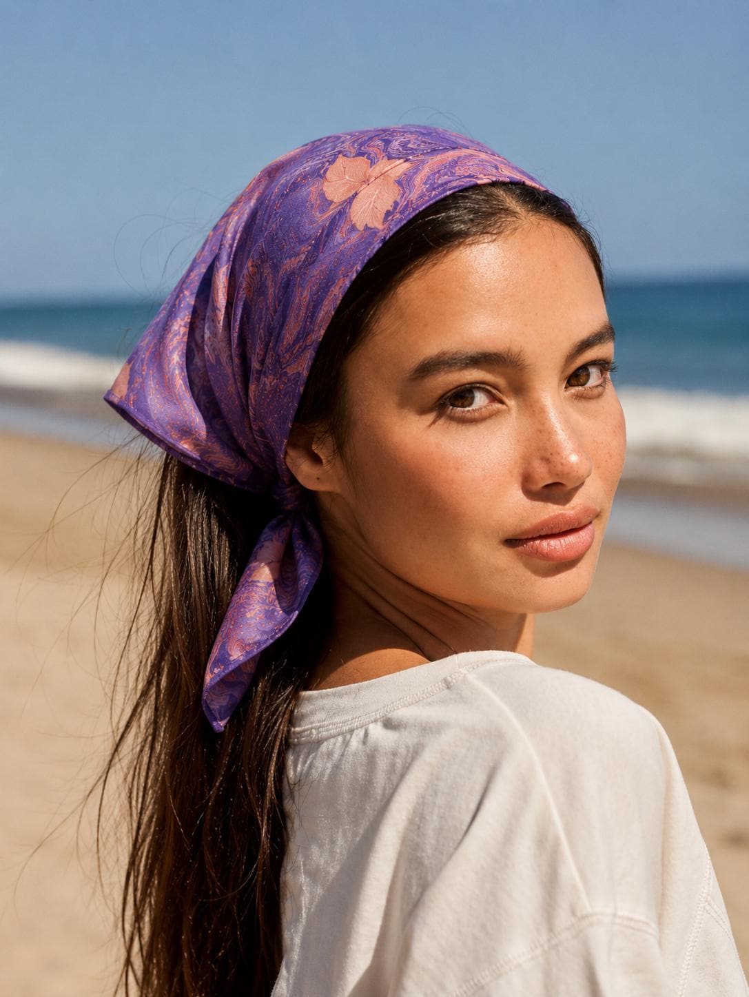 Handmade Marbled Chiffon Blue Scarf - Ebru Pattern Headscarf, Beach Wrap (48x48 cm), Bandana, Shawl