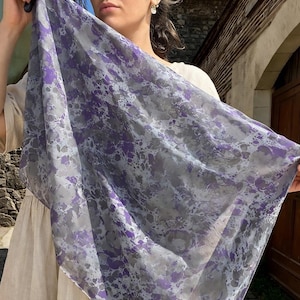 Grey Purple Cotton Ebru Marbling Scarf175x75cm, Turkish Art Shawl, Lightweight Boho Wrap