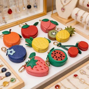Pode incluir: Uma coleção de porta-moedas coloridos em forma de fruta, com zíperes e chaveiros dourados. Os designs incluem laranja, maçã, morango, kiwi, abacaxi, mirtilo, melancia e cerejas. Feitos de couro com detalhes de folhas verdes.