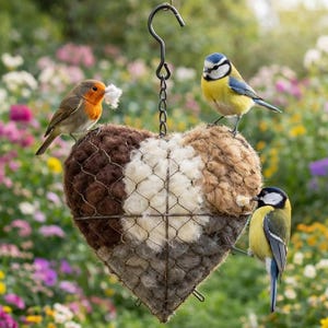 Pode incluir: Um comedouro para pássaros em forma de coração com um exterior de malha de arame, preenchido com materiais castanhos, bege e cinzentos. Três pequenos pássaros empoleiram-se no comedouro. O comedouro pende de uma corrente e gancho pretos contra um fundo floral desfocado.
