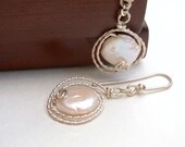 White Pearl Dangle Earrings - Freshwater Coin Pearls and Silver Wirework