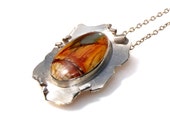 Large Artisan Silver Pendant Necklace - Red Creek Jasper in yellow orange colors, vintage silver chain