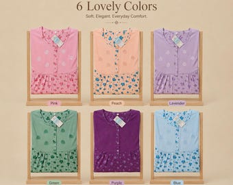 Women’s Floral Nightdress Soft Cotton Nightgown Button Front Sleepwear 6 Colours Available Comfortable Loungewear