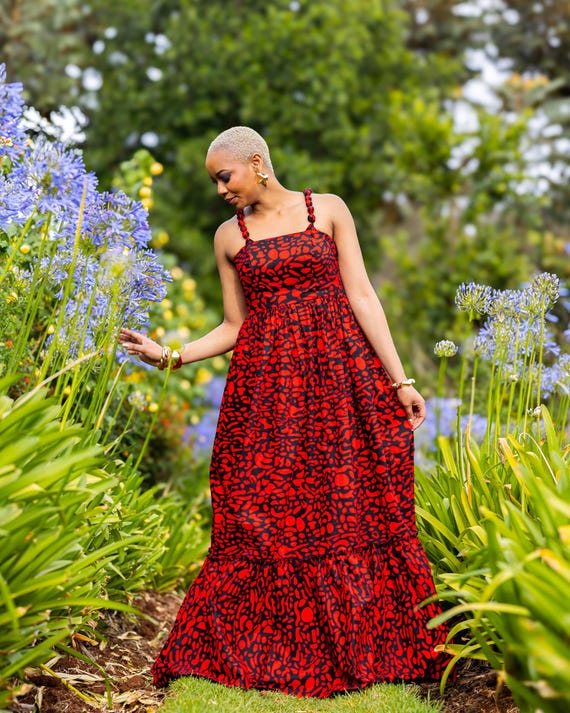 ankara layered dress Red Black Tiered Maxi Leather Shoes