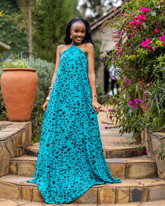 Halter Neck Summer Gown | Turquoise Spotted Long Dress | Flowy Resort Wear for Women