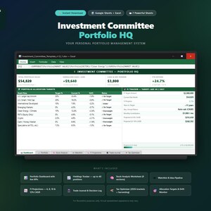 Op de afbeelding: Een digitale interface toont financiële gegevens, waaronder portfolio-allocatiedoelen en prestatie-indicatoren. Het scherm toont de tekst "Investment Committee Portfolio HQ" en "Your Personal Portfolio Management System". De interface bevat een dashboard en diverse financiële tools.