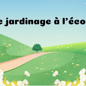 May include: A digital illustration featuring rolling green hills, a central tree, and white flowers in the foreground. The sky is a light blue gradient with white birds. The text "Le jardinage à l'école" is centered in black bold letters.