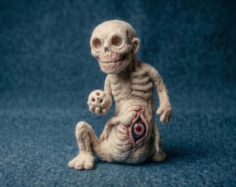 Creepy Needle Felted Skeleton Miniature with Red Belly Eyeball & Die, Goth Dark Art Decor, Weird Figurine,  Spooky Soft Sculpture