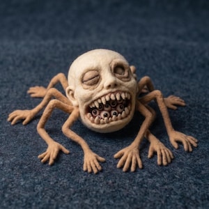 Peut inclure: Sculpture d'araignée humanoïde beige avec une tête chauve, les yeux fermés et une large bouche remplie de dents. L'araignée a plusieurs bras et yeux. La sculpture est posée sur un fond bleu foncé.
