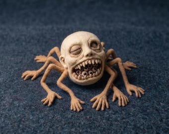 Muñeco monstruoso con cabeza de araña de fieltro de aguja, figura espeluznante de terror corporal, criatura macabra con boca de ojo, decoración de arte surrealista oscuro