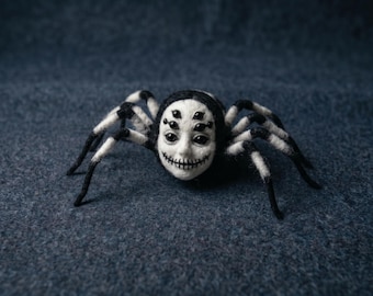 Spooky Needle Felted Spider Monster, Stitched Human Face, Multiple Eyes, Zebra Stripe Legs, Goth Dark Art, Curiosities and Oddities