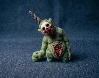 Needle Felted Zombie Monster Figurine, Creepy Skull Face Ghoul with Exposed Guts, Macabre Dark Art Decor, Horror Soft Sculpture