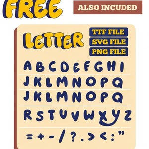 May include: A retro-style alphabet set with the word "LETTER" in yellow and blue. The letters A through Z and symbols are displayed on a beige background. The word "FREE" is at the top left.