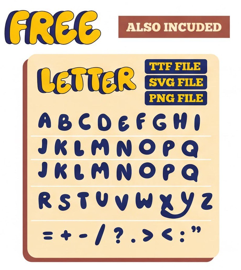 May include: A retro-style alphabet set with the word "LETTER" in yellow and blue. The letters A through Z and symbols are displayed on a beige background. The word "FREE" is at the top left.