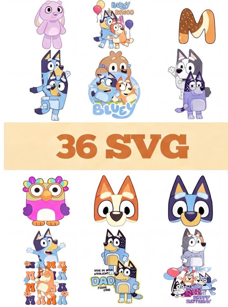 100+ Bluey PNG SVG Bundle + BONUS Font, Bluey Dog Bingo Clipart Bundle Set Original Designs for Birthday Day Crafts Coloring Printing. image 3
