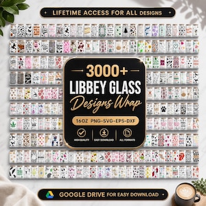 Puede incluir: Una exhibición de numerosos diseños de envolturas de vidrio Libbey, que muestran una variedad de patrones y gráficos. La imagen incluye texto que indica "3000+ Libbey Glass Designs Wrap" y "16OZ". Los diseños se muestran en vasos de vidrio.