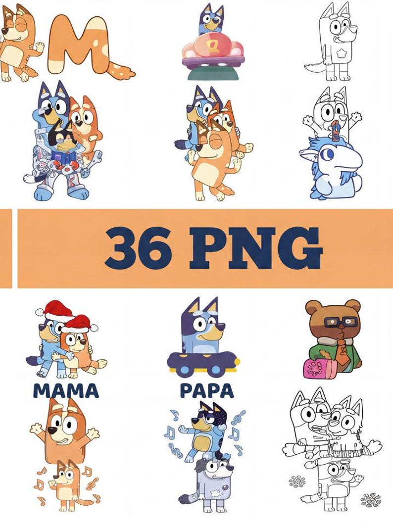 100+ Bluey PNG SVG Bundle + BONUS Font, Bluey Dog Bingo Clipart Bundle Set Original Designs for Birthday Day Crafts Coloring Printing. image 2