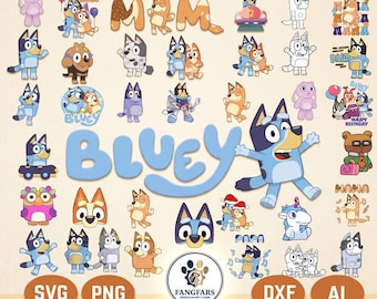 100+ Bluey PNG SVG Bundle + BONUS Schrift, Bluey Hund Bingo Clipart Bundle Set Original-Designs für Birthday Day Crafts Färbung Druck.