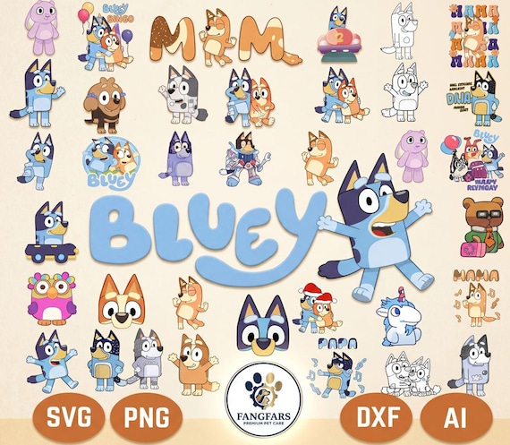100+ Bluey PNG SVG Bundle + BONUS Font, Bluey Dog Bingo Clipart Bundle Set Original Designs for Birthday Day Crafts Coloring Printing.