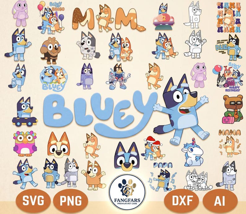100+ Bluey PNG SVG Bundle + BONUS Font, Bluey Dog Bingo Clipart Bundle Set Original Designs for Birthday Day Crafts Coloring Printing. image 1