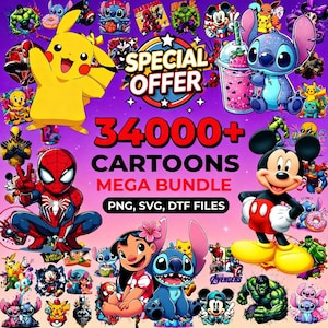 Puede incluir: Una imagen vibrante con numerosos personajes de dibujos animados, incluyendo Pikachu, Spider-Man, Mickey Mouse y Stitch. La imagen muestra el texto "SPECIAL OFFER" y "34000+ CARTOONS MEGA BUNDLE" con formatos de archivo.