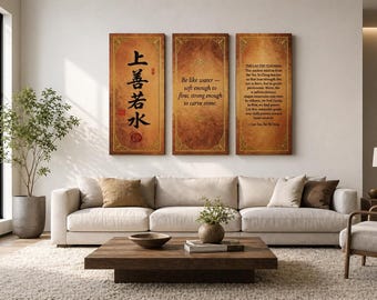 Chińska kaligrafia ścienna 上善若水 Bądź jak woda Lao Tzu Tryptyk ponad 20 rozmiarów natychmiastowe pobranie UK