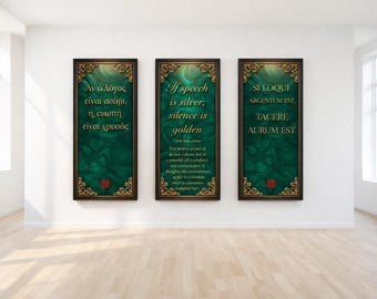 Ancient Wisdom  Triptych Wall Art  Emerald Gold Quote Print