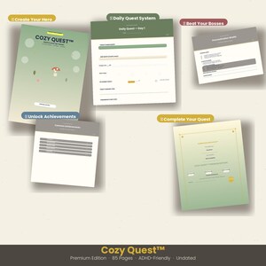 Op de afbeelding: Een Cozy Quest gewoonte- en level-up tracker set met een groene gradiënt omslag met een paddenstoelillustratie, een dagelijkse quest-systeempagina, een 'beat your bosses' pagina, een prestatiepagina en een voltooiingscertificaat.
