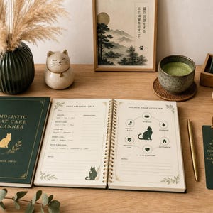 Peut inclure: Un ensemble de planification et de cahiers de soins pour chats vert foncé avec des accents dorés, une figurine de chat en céramique et une tasse de thé matcha sur une table en bois. Le planificateur est ouvert.
