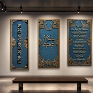 Puede incluir: Tres obras de arte enmarcadas con bordes dorados y fondos azules texturizados. La pieza central dice "Conócete a ti mismo". Las otras dos piezas tienen texto griego. Un banco marrón oscuro se encuentra debajo del arte.